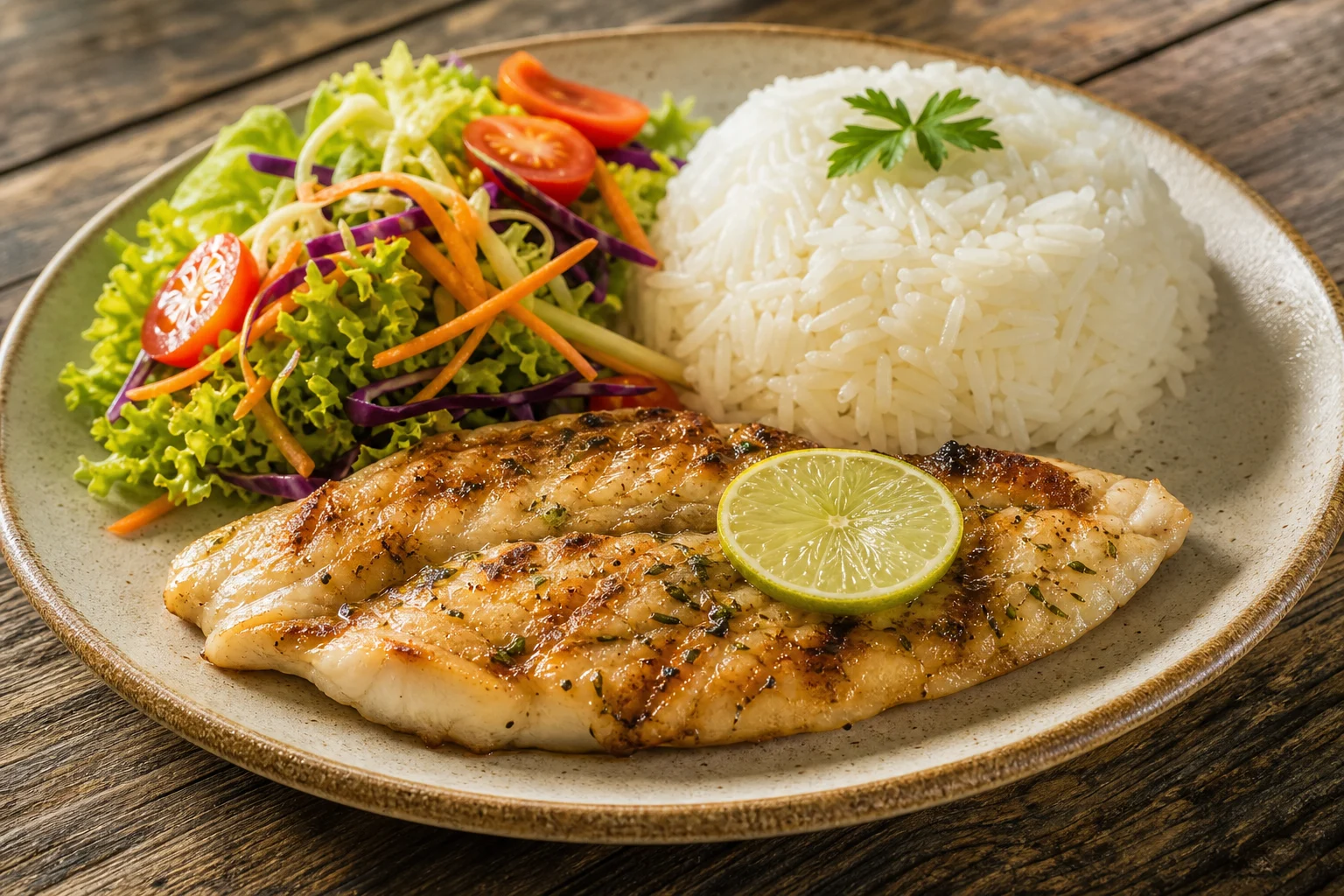 Imagem promocional ilustrativa de peixe grelhado com arroz e salada